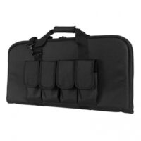 Padded 2960 Series Gun Case designed for AR & AK Pistol, Subguns, AOW, and some folding guns that are less than 28" in overall length. Rectangular Padded Gun Case. Exterior dimensions are 28.0" L X 13.0" H. Four External Rifle Magazine Pouches with individual magazine flaps with hook and loop fasteners. Heavy Duty zippers that have metal zippers that can be locked with a small pad lock. Pad lock not included. Padded carry handle straps and a shoulder sling is included. Made with tough and durable PVC material that is water and chemical resistant.